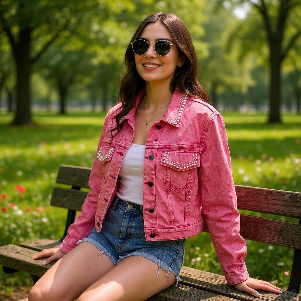 Savanna Jane Pink Acid Wash Pearl Embellished Denim Jacket Western Cropped Small - Picture 2 of 10